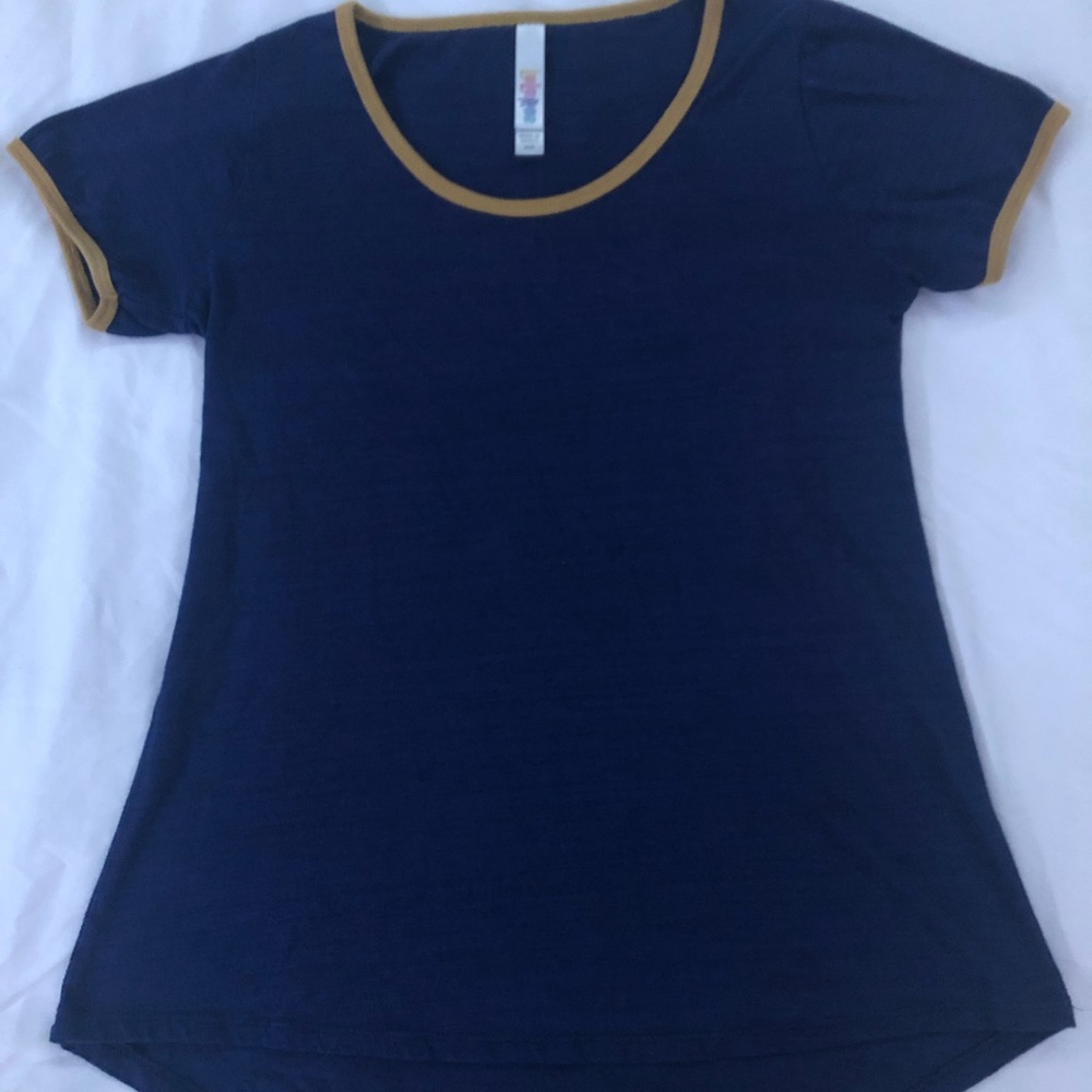 LuLaRoe Classic Tee, blue and mustard yellow color